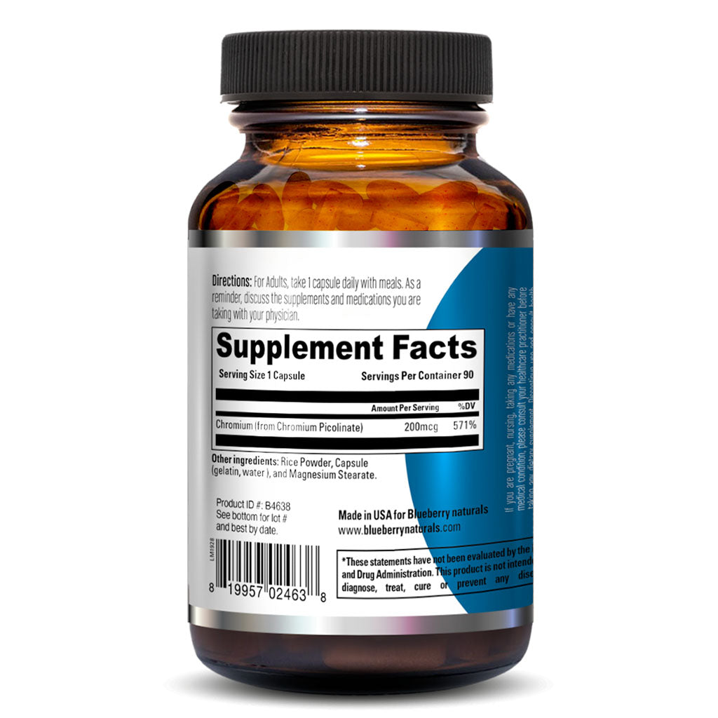 Blueberry Naturals Chromium Picolinate 200mcg Capsules For Healthy Blood Sugar, Pack of 90's - Easy Pharmacy LLC