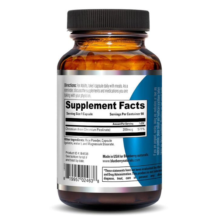 Blueberry Naturals Chromium Picolinate 200mcg Capsules For Healthy Blood Sugar, Pack of 90's - Easy Pharmacy LLC