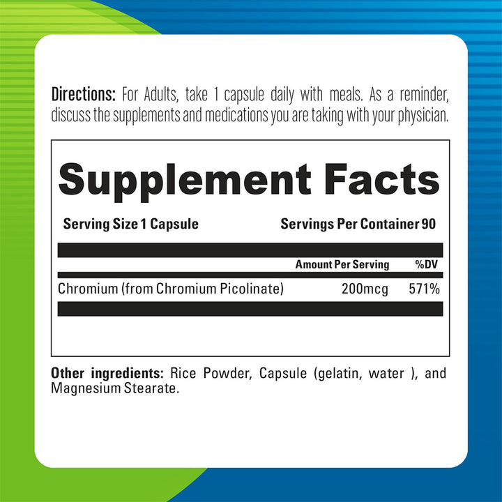 Blueberry Naturals Chromium Picolinate 200mcg Capsules For Healthy Blood Sugar, Pack of 90's - Easy Pharmacy LLC