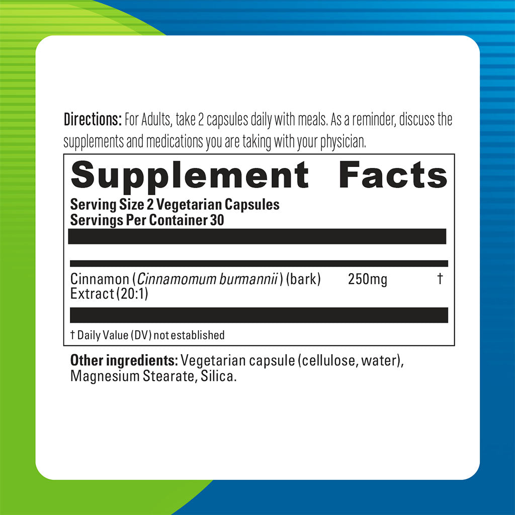 Blueberry Naturals Cinnamon Extract 250mg Vegetarian Capsules For Healthy Blood Sugar Support, Pack of 60's - Easy Pharmacy LLC