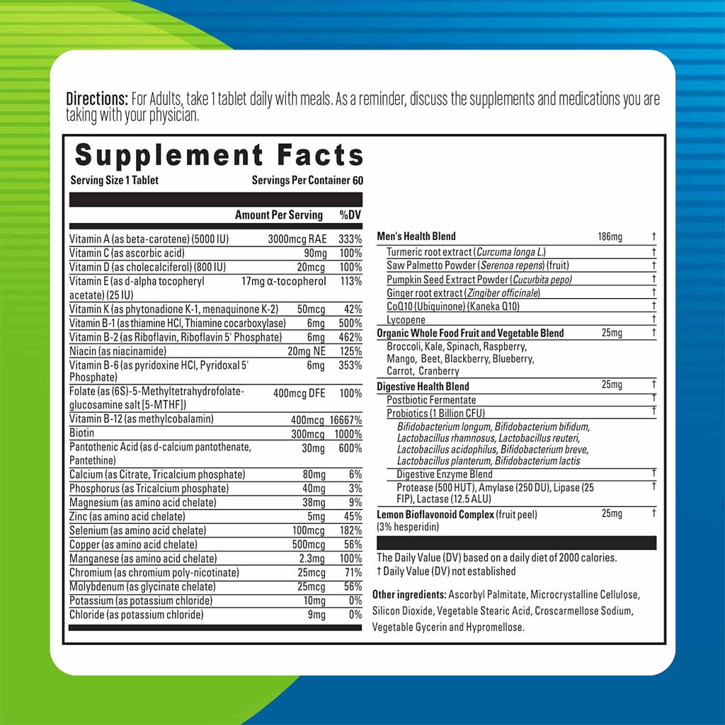 Blueberry Naturals One Daily Men's Multivitamins & Minerals Tablets, Pack of 60's - Easy Pharmacy LLC