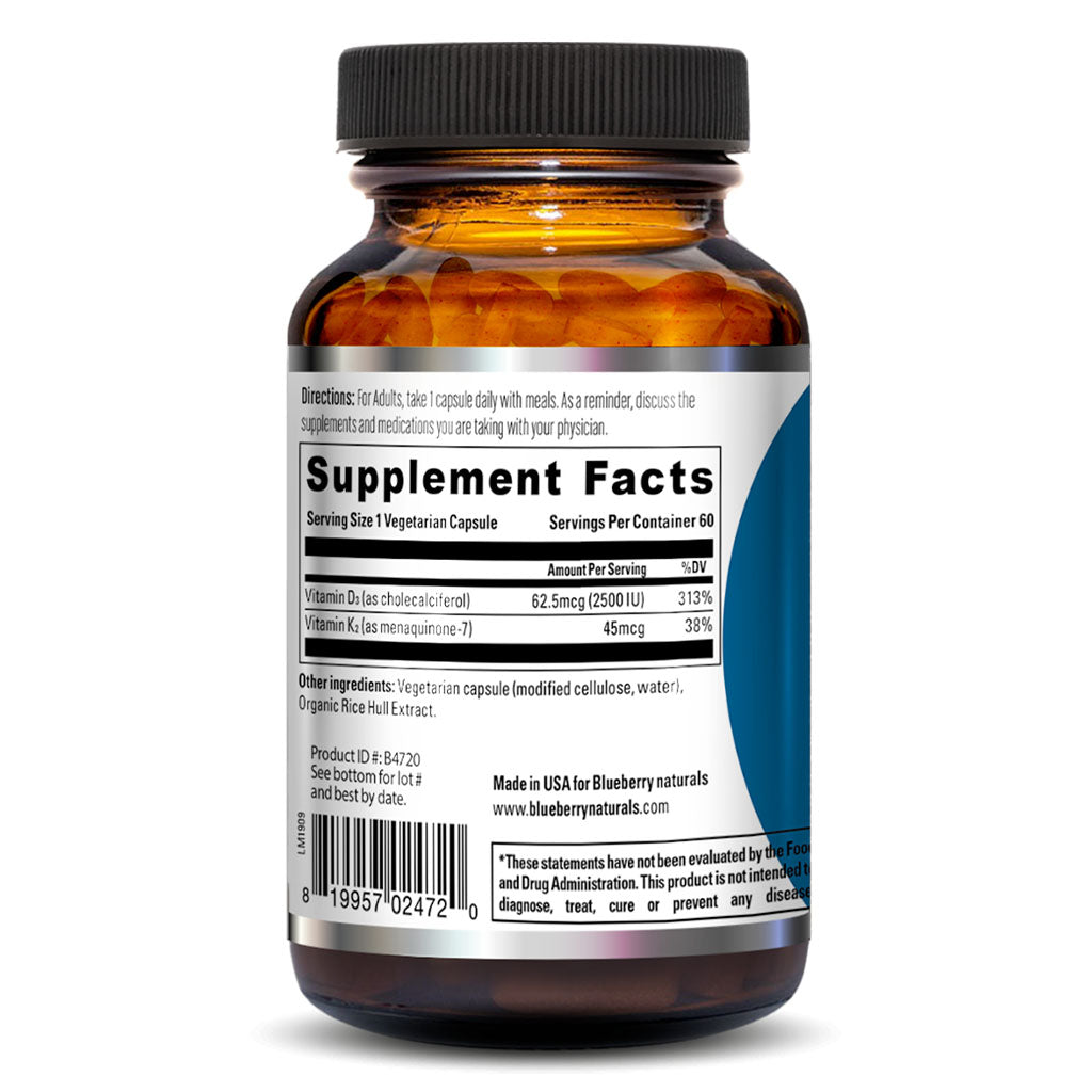 Blueberry Naturals Vitamin D3 & K2 Supplement Capsules, Pack of 60's - Easy Pharmacy LLC