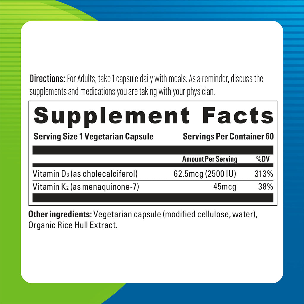 Blueberry Naturals Vitamin D3 & K2 Supplement Capsules, Pack of 60's - Easy Pharmacy LLC