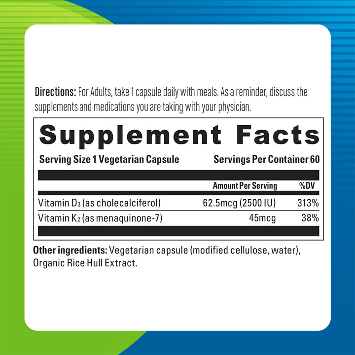 Blueberry Naturals Vitamin D3 & K2 Supplement Capsules, Pack of 60's - Easy Pharmacy LLC