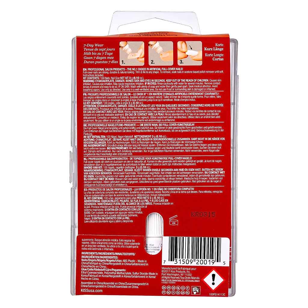 Kiss 100 Full Cover Nail Kit, Short Square With Glue, 100PS14C, Pack of 100's - Easy Pharmacy LLC