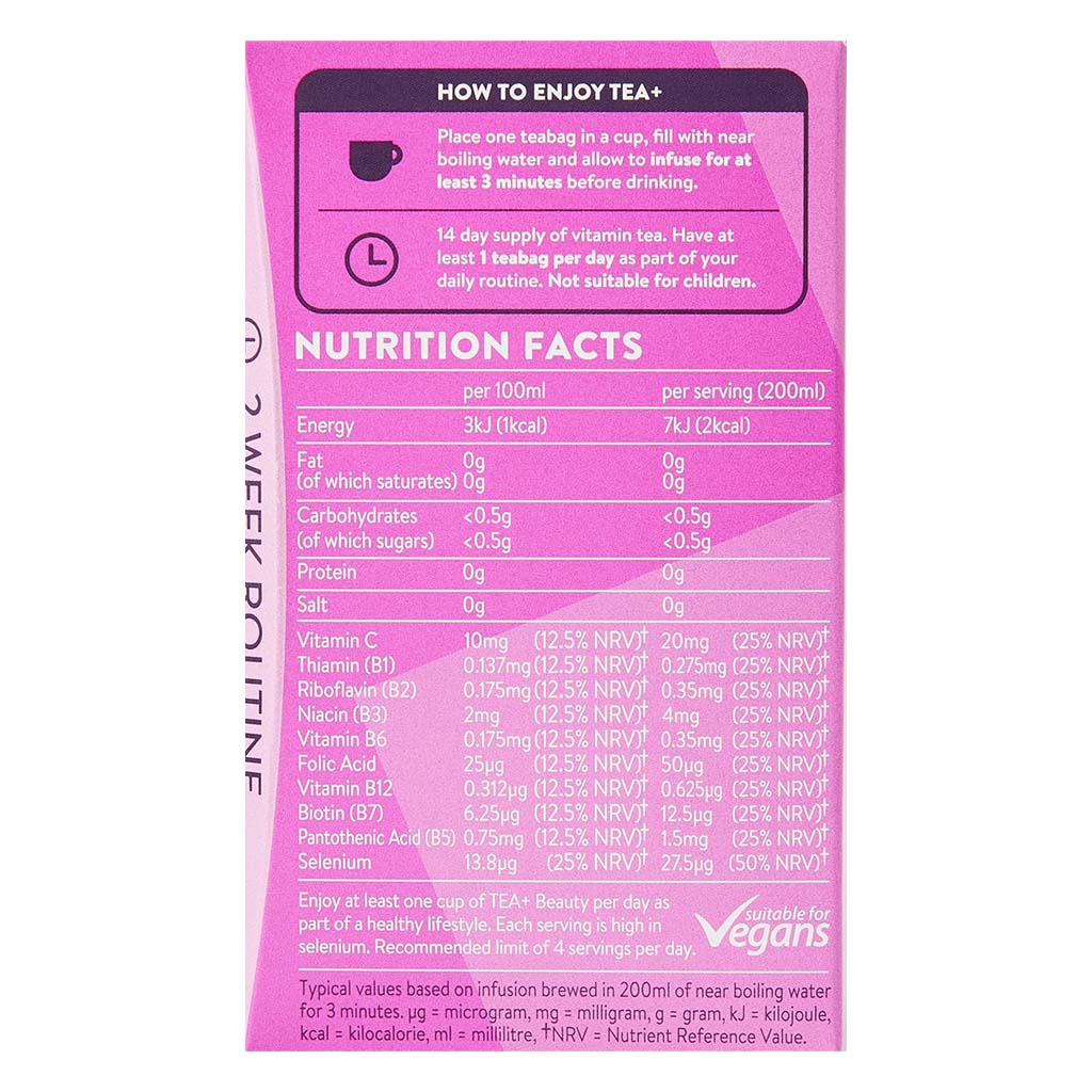 Vitabiotics Tea+ Beauty Vitamin Tea Bags For Healthy Hair, Nails & Skin, Pack of 14's - Easy Pharmacy LLC