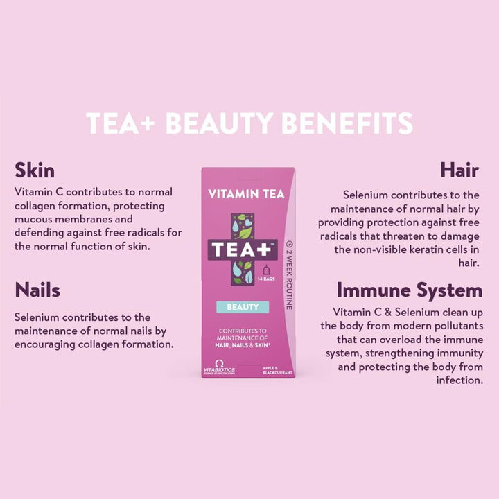 Vitabiotics Tea+ Beauty Vitamin Tea Bags For Healthy Hair, Nails & Skin, Pack of 14's - Easy Pharmacy LLC