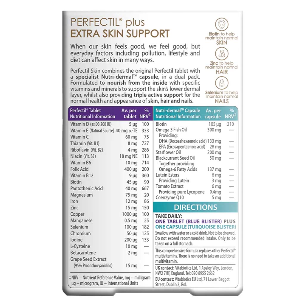 Vitabiotics Perfectil Skin Extra Support, Dual Pack of Multivitamin Tablets 28's + Nutri-Dermal Capsules 28's - Easy Pharmacy LLC