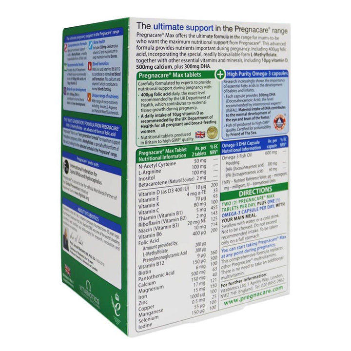 Vitabiotics Pregnacare Max Prenatal Supplement With Folic Acid & Omega 3 For Pregnancy Support, Dual Pack of Prenatal Micronutrient Tablets 56's + Omega-3 DHA Capsules 28's - Easy Pharmacy LLC