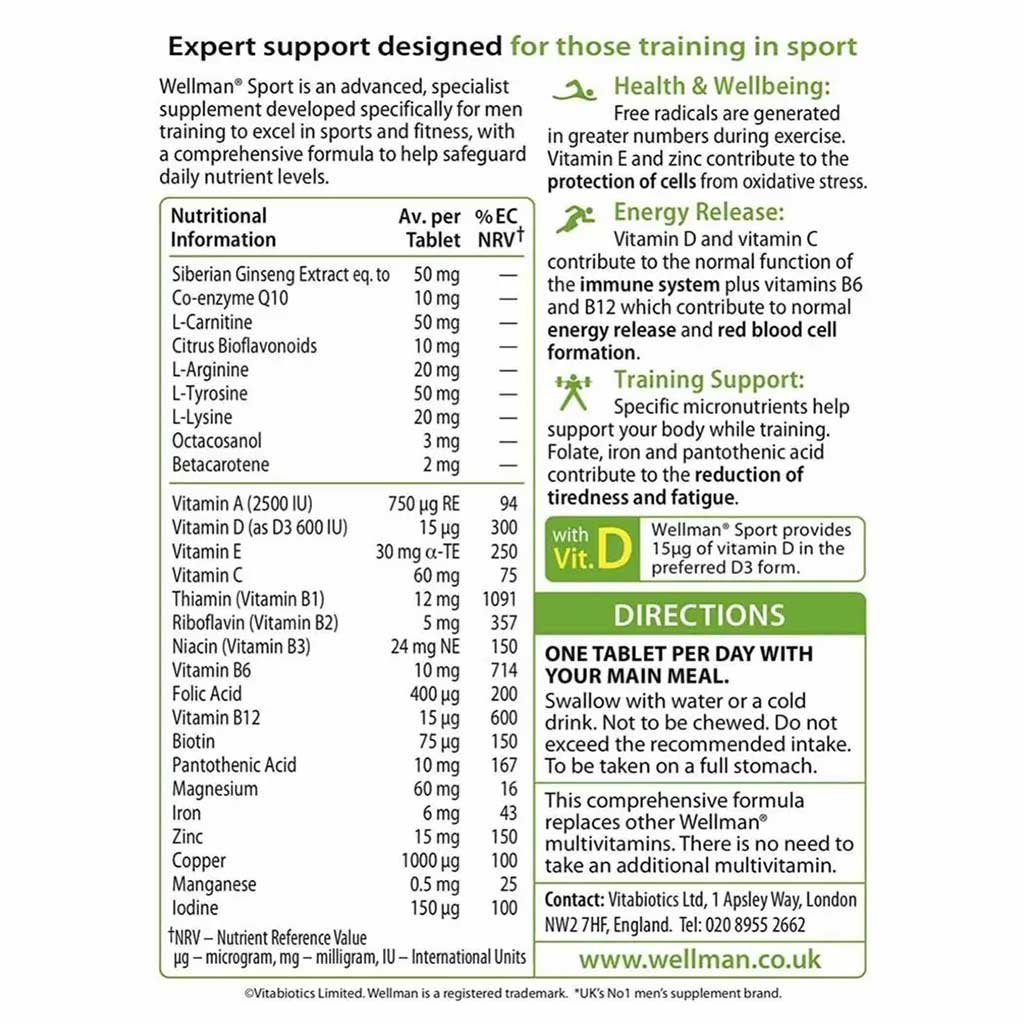 Vitabiotics Wellman Sport Men's Multivitamin Supplement Tablets For Health & Vitality, Pack of 30's - Easy Pharmacy LLC