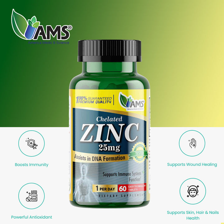 AMS Chelated Zinc 25 mg Tablets For Immunity Support, Pack of 60's - Easy Pharmacy LLC