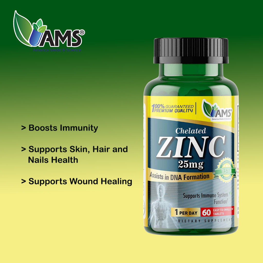 AMS Chelated Zinc 25 mg Tablets For Immunity Support, Pack of 60's - Easy Pharmacy LLC