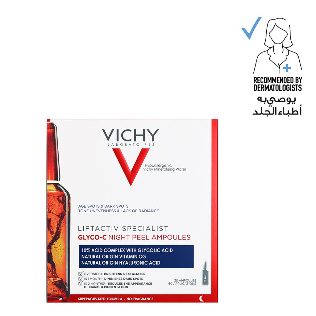 Vichy Liftactiv Glyco-C Night Peel Ampoule 2ml For Hyperpigmentation With Glycolic acid & Vitamin C, Pack of 30's - Easy Pharmacy LLC