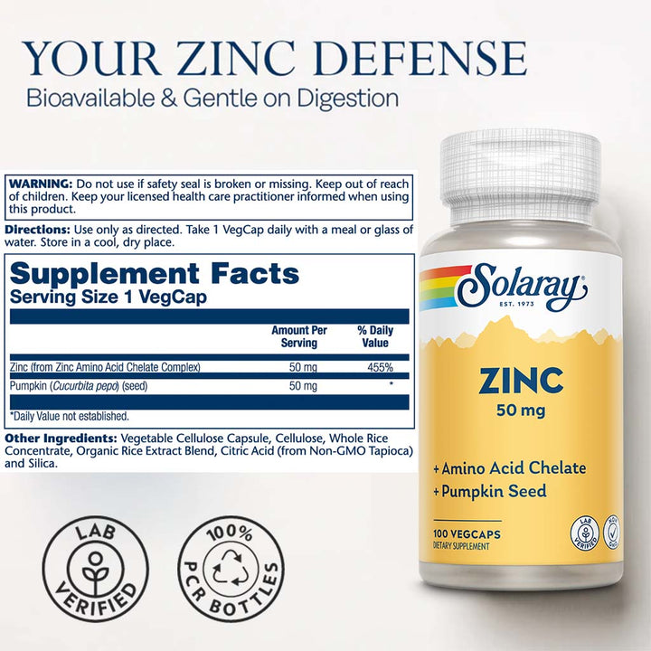 Solaray Zinc 50 mg Veg Capsules 100's - Easy Pharmacy LLC