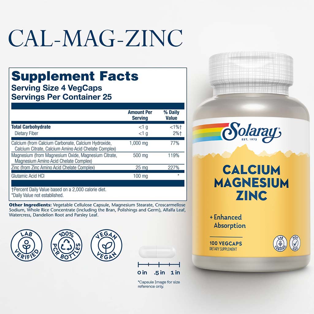 Solaray Calcium Magnesium Zinc Veg Capsules 100's - Easy Pharmacy LLC