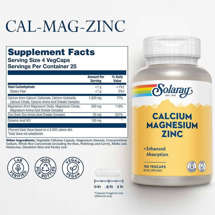Solaray Calcium Magnesium Zinc Veg Capsules 100's - Easy Pharmacy LLC