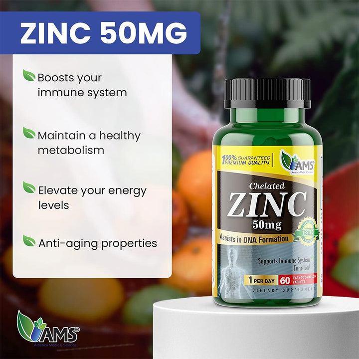 AMS Chelated Zinc 50 mg Tablets For Immunity Support, Pack of 60's - Easy Pharmacy LLC