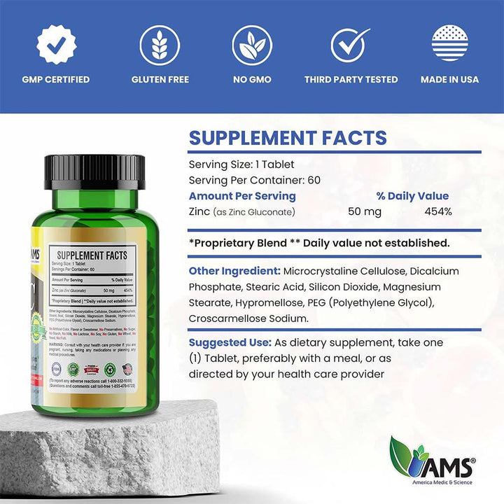 AMS Chelated Zinc 50 mg Tablets For Immunity Support, Pack of 60's - Easy Pharmacy LLC