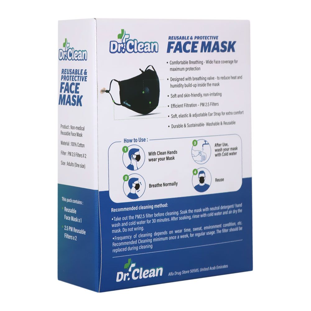Dr. Clean Reusable & Protective Face Mask Adult Black 1's - Easy Pharmacy LLC