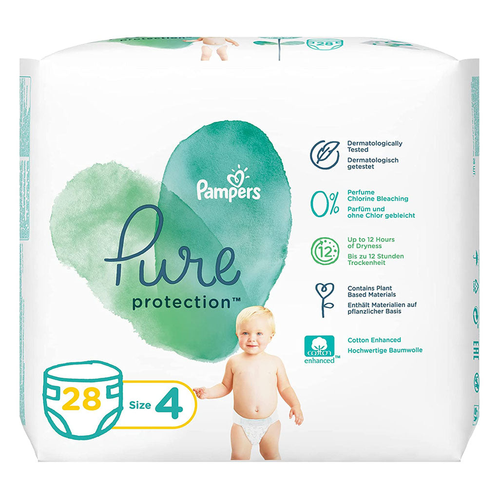 Pampers Pure Protection Premium Cotton Baby Diapers, Size 4, 9-14Kg, Pack of 28's - Easy Pharmacy LLC