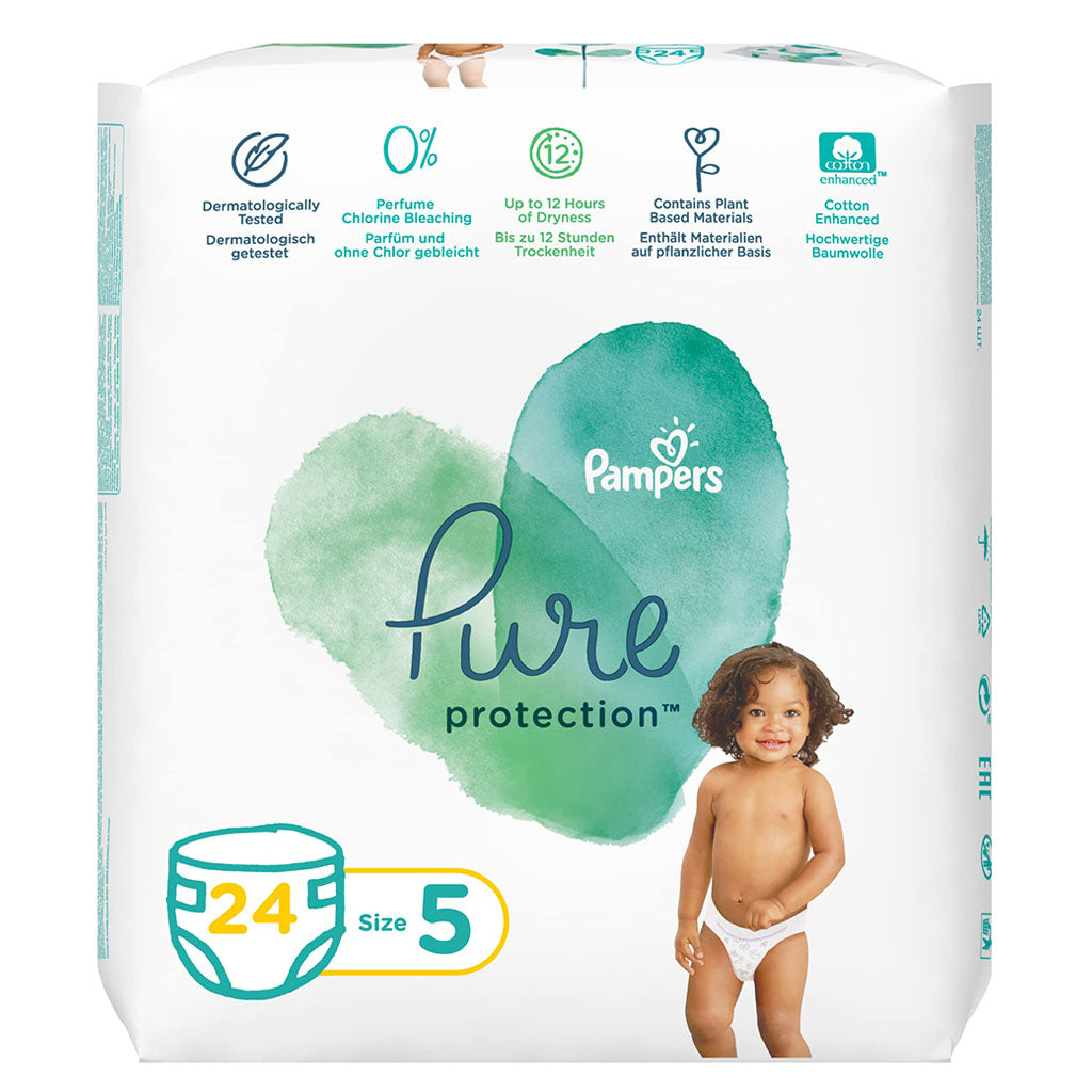Pampers Pure Protection Premium Cotton Baby Diapers, Size 5, 11+Kg, Pack of 24's - Easy Pharmacy LLC