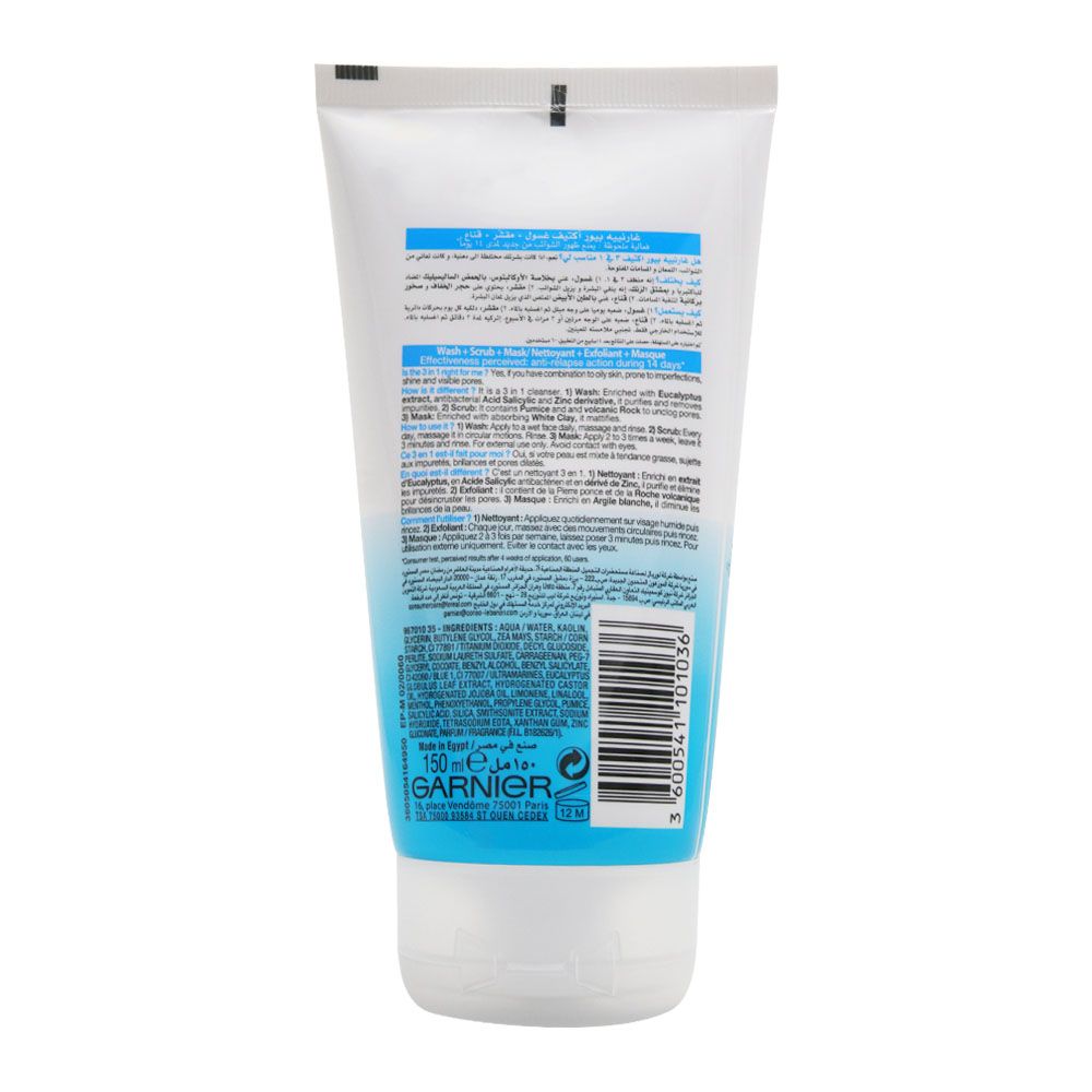 Garnier SkinActive Pure Active 3-in-1 Wash Scrub and Mask 150 mL - Easy Pharmacy LLC