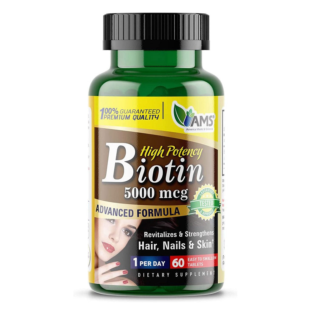 AMS Biotin 5000 mcg Tablet, Vitamin Supplement For Hair, Skin And Nails, Pack of 60's - Easy Pharmacy LLC