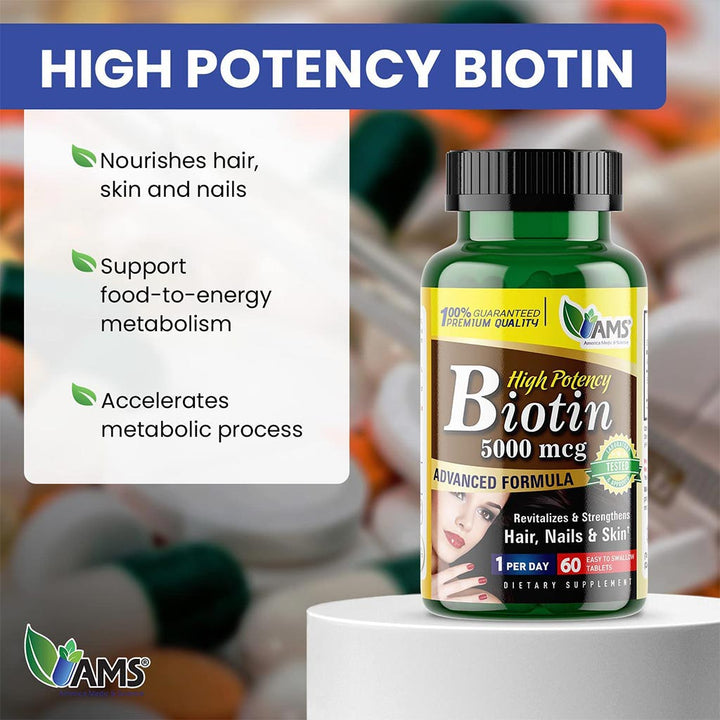 AMS Biotin 5000 mcg Tablet, Vitamin Supplement For Hair, Skin And Nails, Pack of 60's - Easy Pharmacy LLC