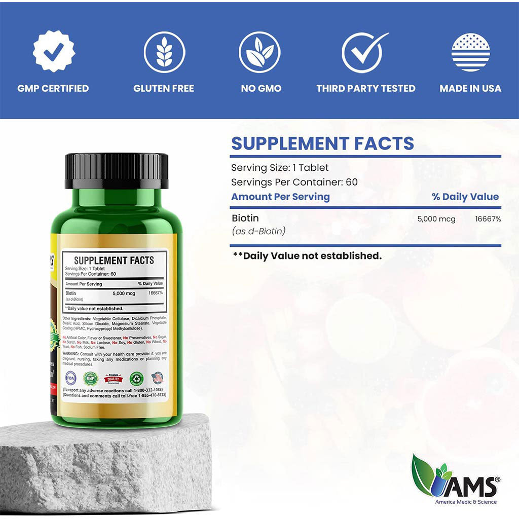 AMS Biotin 5000 mcg Tablet, Vitamin Supplement For Hair, Skin And Nails, Pack of 60's - Easy Pharmacy LLC