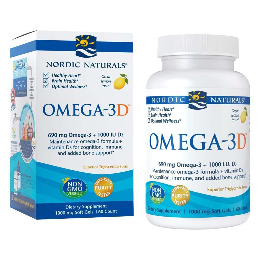 Nordic Naturals Omega 3D Omega 3 + Vitamin D3 Fish Oil Supplement Softgels - Lemon Flavour, Pack of 60's - Easy Pharmacy LLC