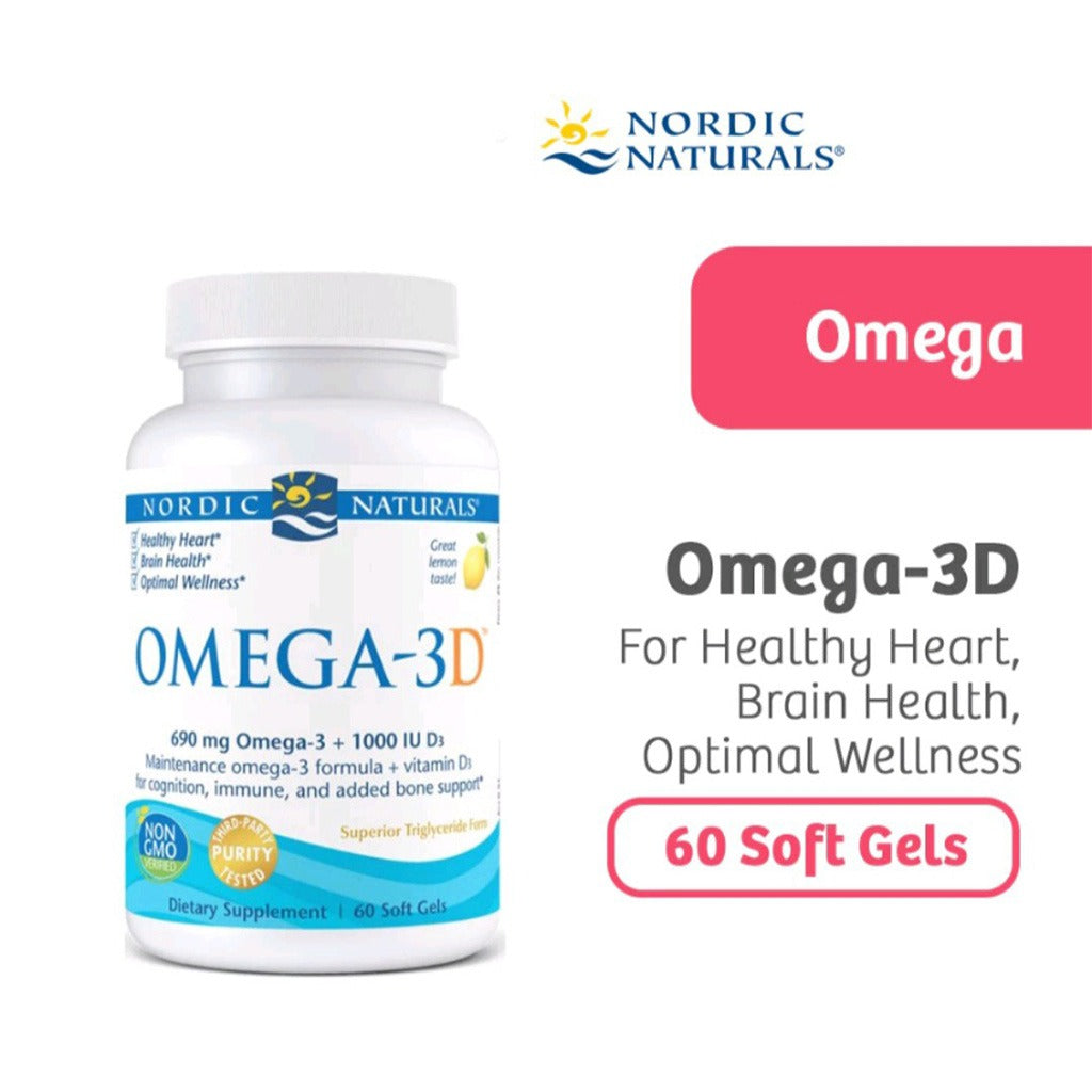 Nordic Naturals Omega 3D Omega 3 + Vitamin D3 Fish Oil Supplement Softgels - Lemon Flavour, Pack of 60's - Easy Pharmacy LLC