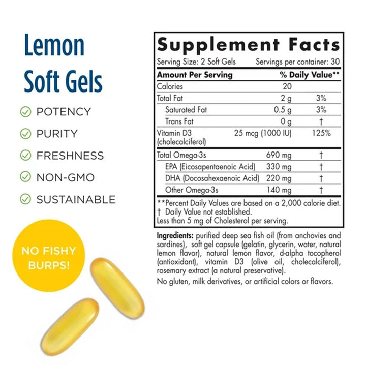 Nordic Naturals Omega 3D Omega 3 + Vitamin D3 Fish Oil Supplement Softgels - Lemon Flavour, Pack of 60's - Easy Pharmacy LLC