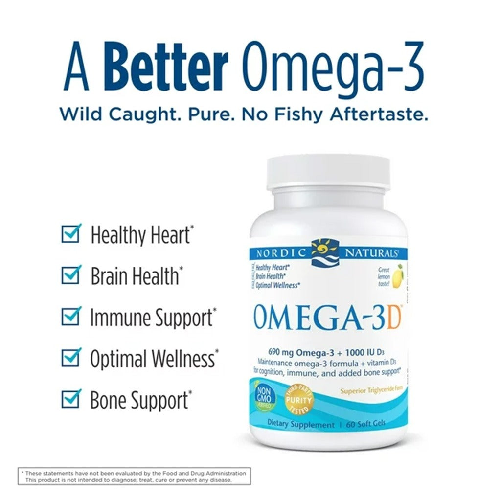 Nordic Naturals Omega 3D Omega 3 + Vitamin D3 Fish Oil Supplement Softgels - Lemon Flavour, Pack of 60's - Easy Pharmacy LLC