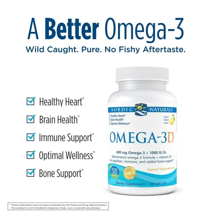 Nordic Naturals Omega 3D Omega 3 + Vitamin D3 Fish Oil Supplement Softgels - Lemon Flavour, Pack of 60's - Easy Pharmacy LLC