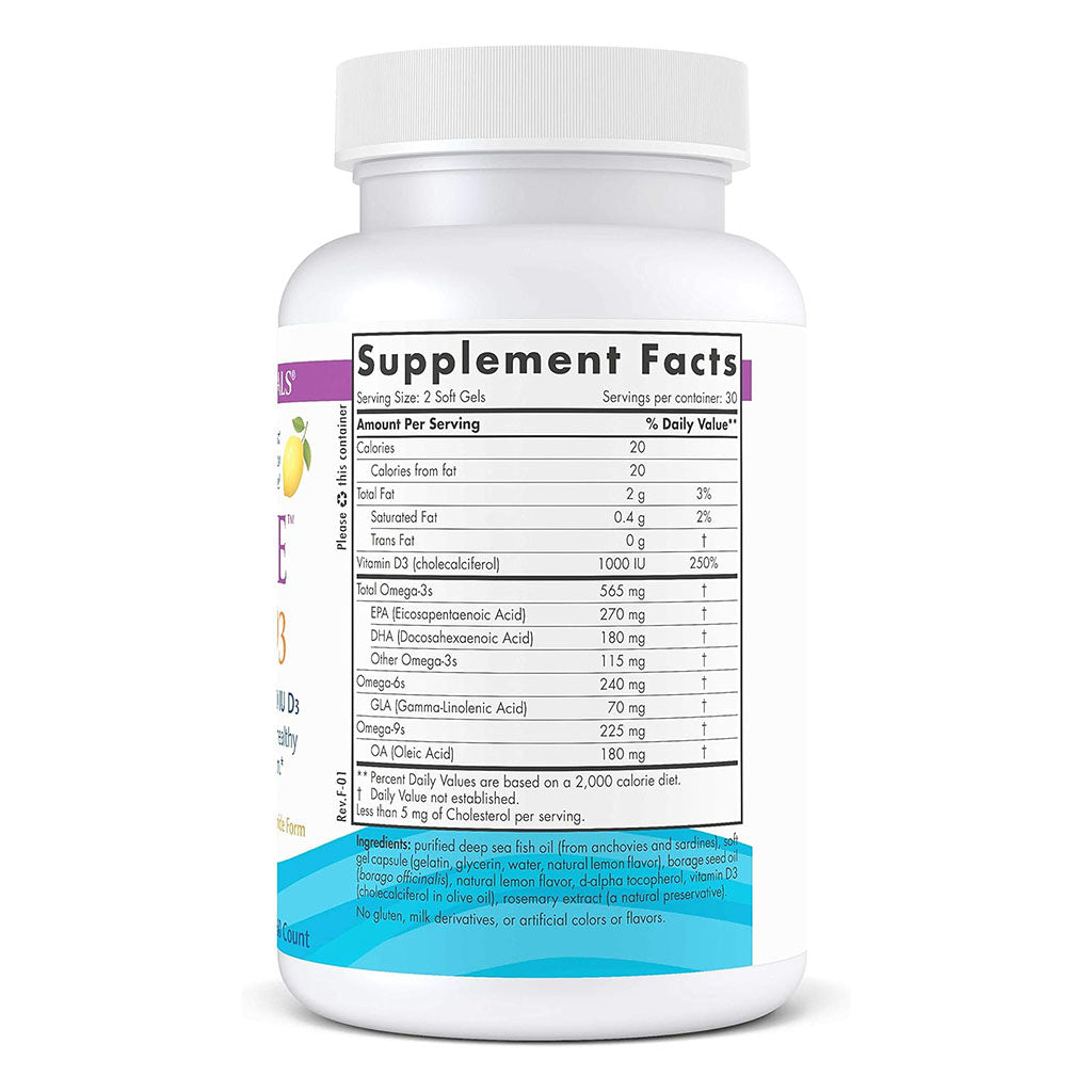 Nordic Naturals Complete Omega-D3 Omega 3 6 9 + Vitamin D3 Fish Oil Supplement Softgels - Lemon Flavour, Pack of 60's - Easy Pharmacy LLC