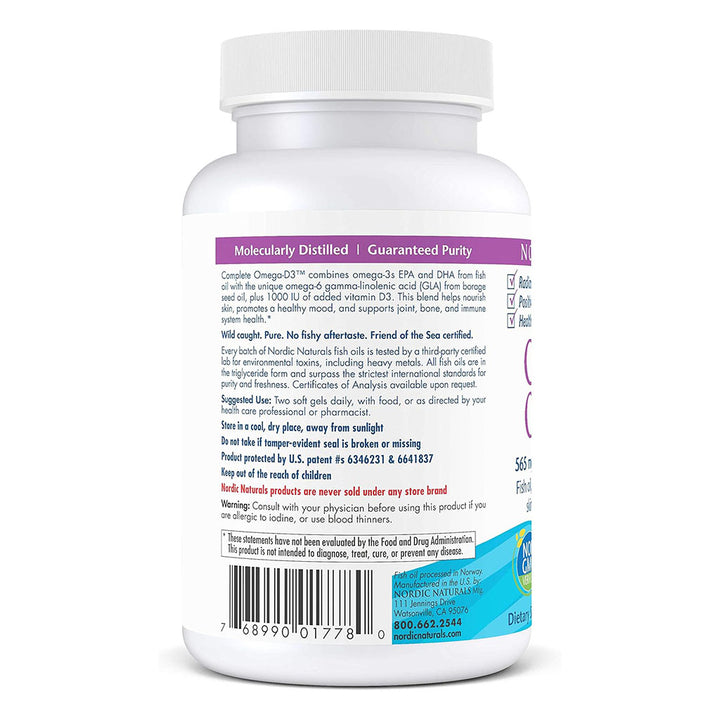 Nordic Naturals Complete Omega-D3 Omega 3 6 9 + Vitamin D3 Fish Oil Supplement Softgels - Lemon Flavour, Pack of 60's - Easy Pharmacy LLC