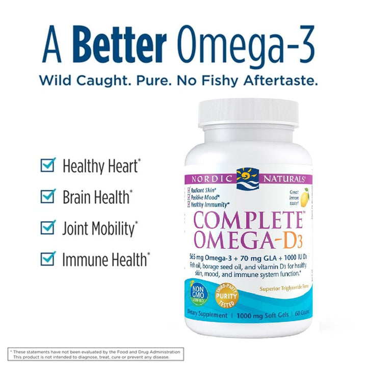 Nordic Naturals Complete Omega-D3 Omega 3 6 9 + Vitamin D3 Fish Oil Supplement Softgels - Lemon Flavour, Pack of 60's - Easy Pharmacy LLC