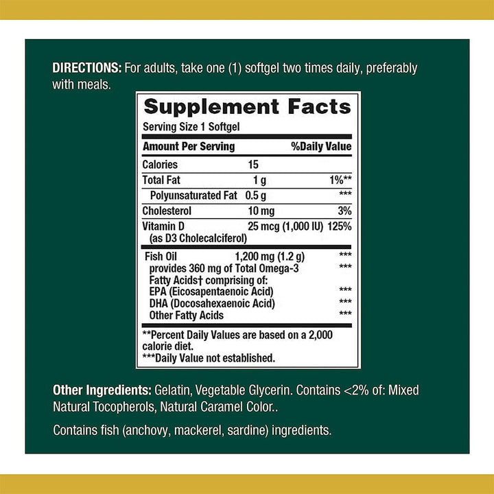 Nature's Bounty 1200mg Fish Oil + 1000IU Vitamin D3 Supplement Softgels, Pack of 90's - Easy Pharmacy LLC