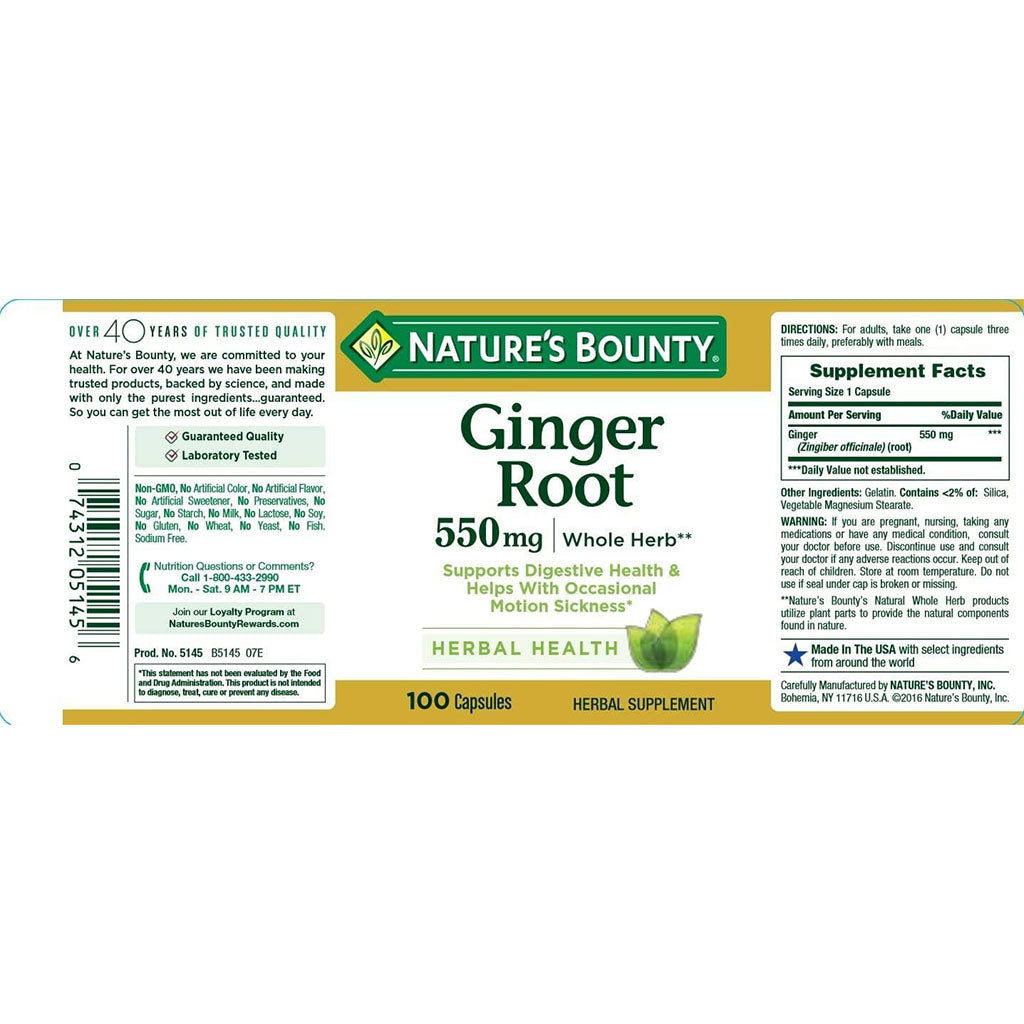 Nature's Bounty Ginger Root 550 mg Capsules 100's - Easy Pharmacy LLC