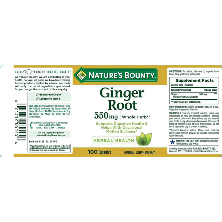 Nature's Bounty Ginger Root 550 mg Capsules 100's - Easy Pharmacy LLC
