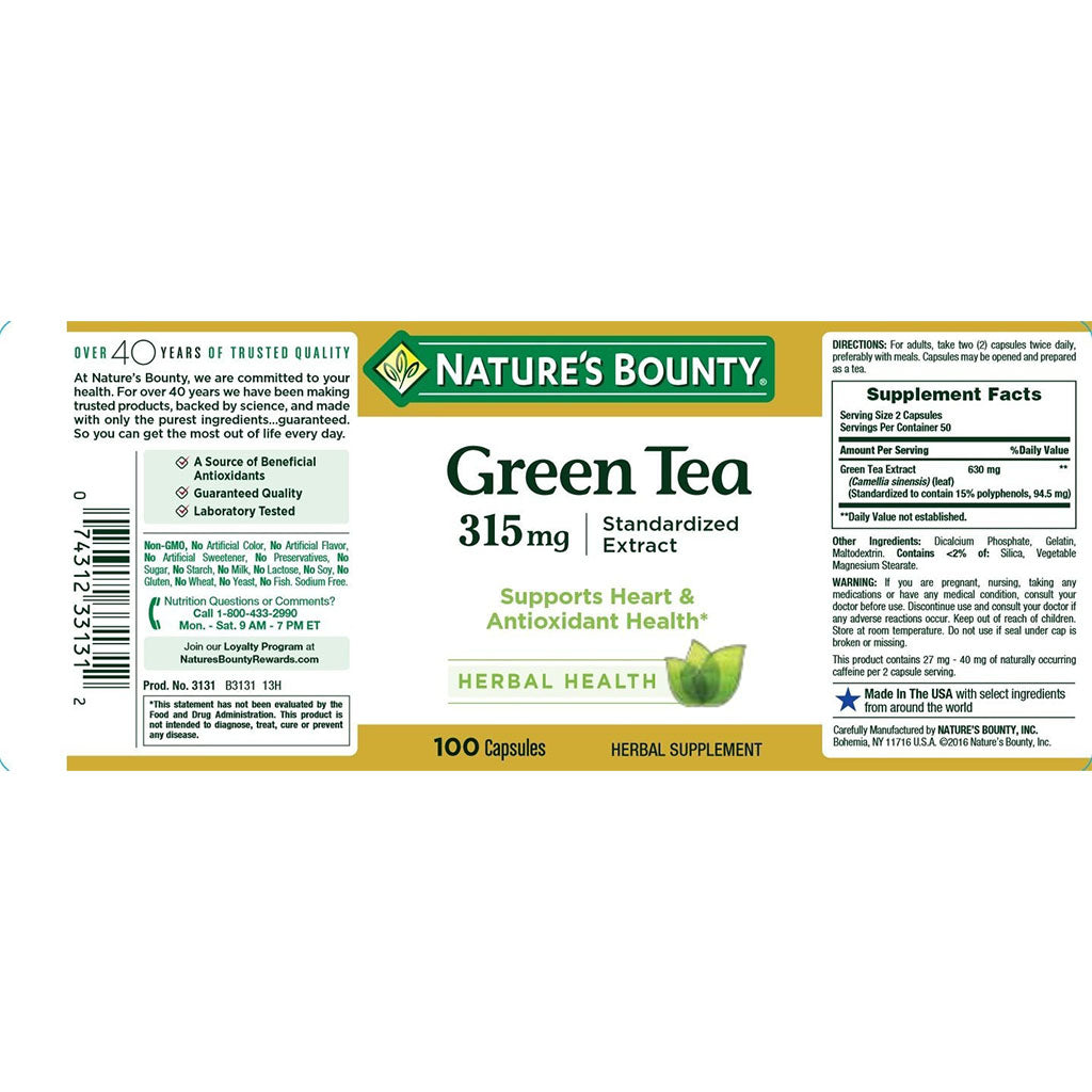 Nature's Bounty Green Tea Extract 315mg Capsules For Antioxidant Support, Pack of 100's - Easy Pharmacy LLC