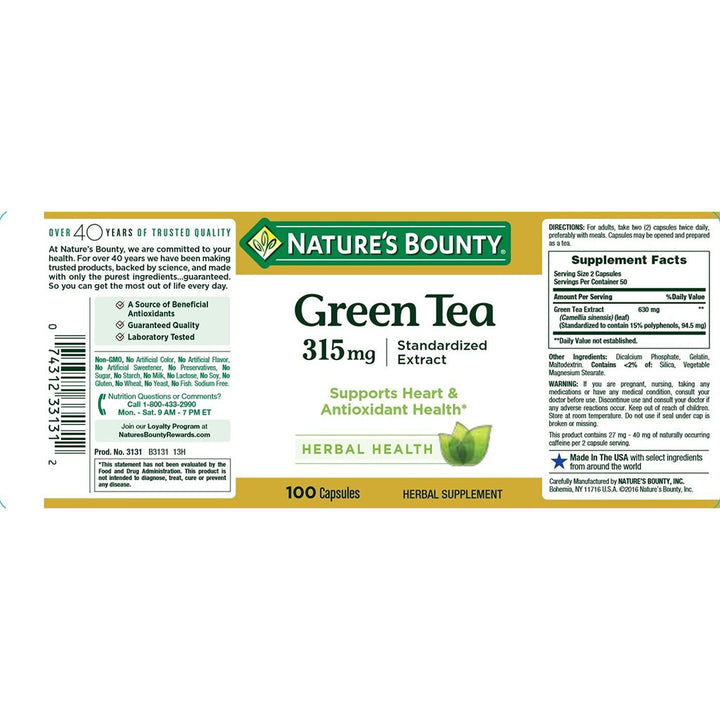 Nature's Bounty Green Tea Extract 315mg Capsules For Antioxidant Support, Pack of 100's - Easy Pharmacy LLC