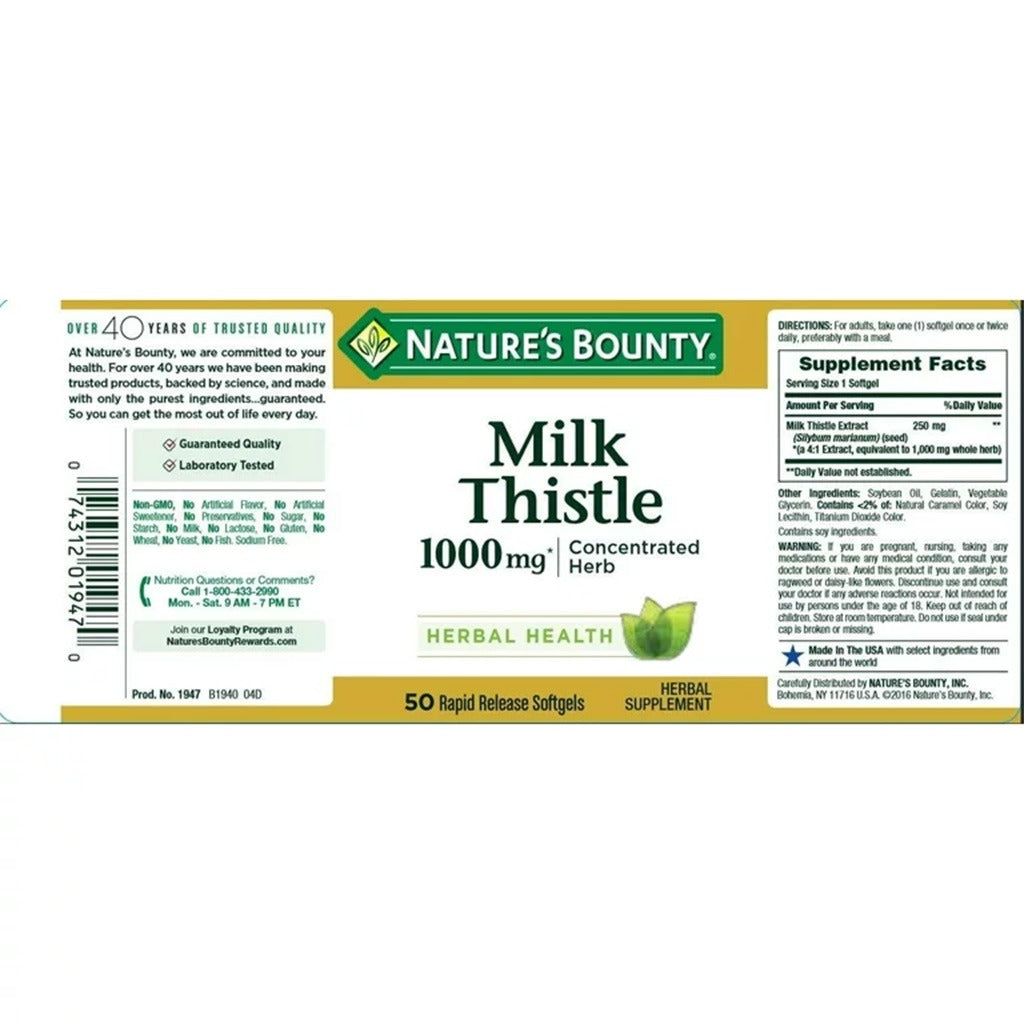 Nature's Bounty Milk Thistle 1000 mg Softgels 50's - Easy Pharmacy LLC
