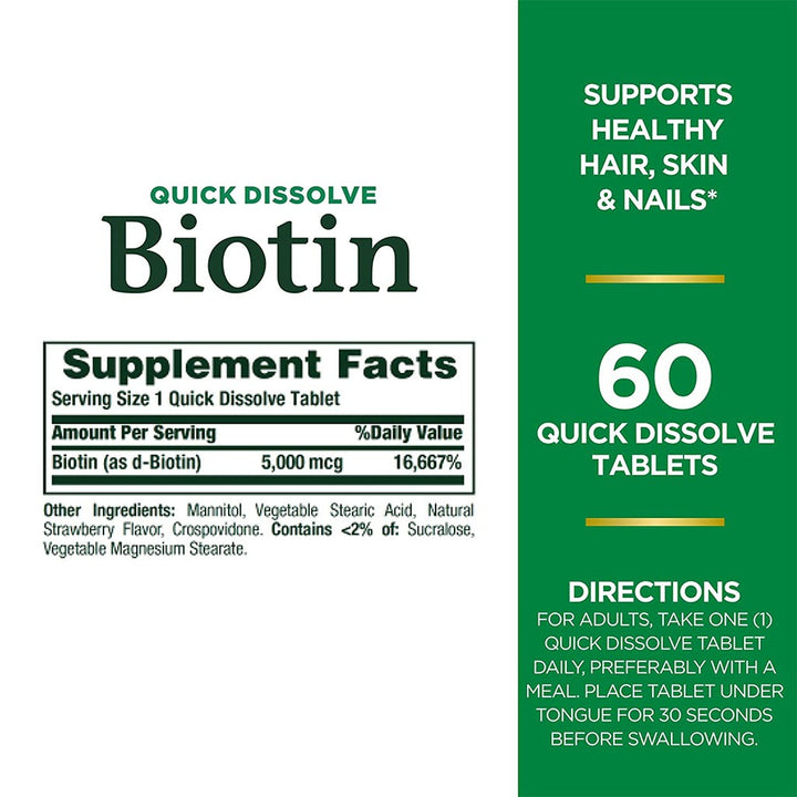 Nature's Bounty Quick Dissolve Biotin 5000 mcg Tablets 60's - Easy Pharmacy LLC