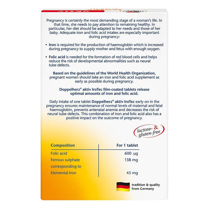 Doppelherz aktiv IroTec Iron + Folic Acid Tablets For Pregnancy Support, Pack of 30's - Easy Pharmacy LLC