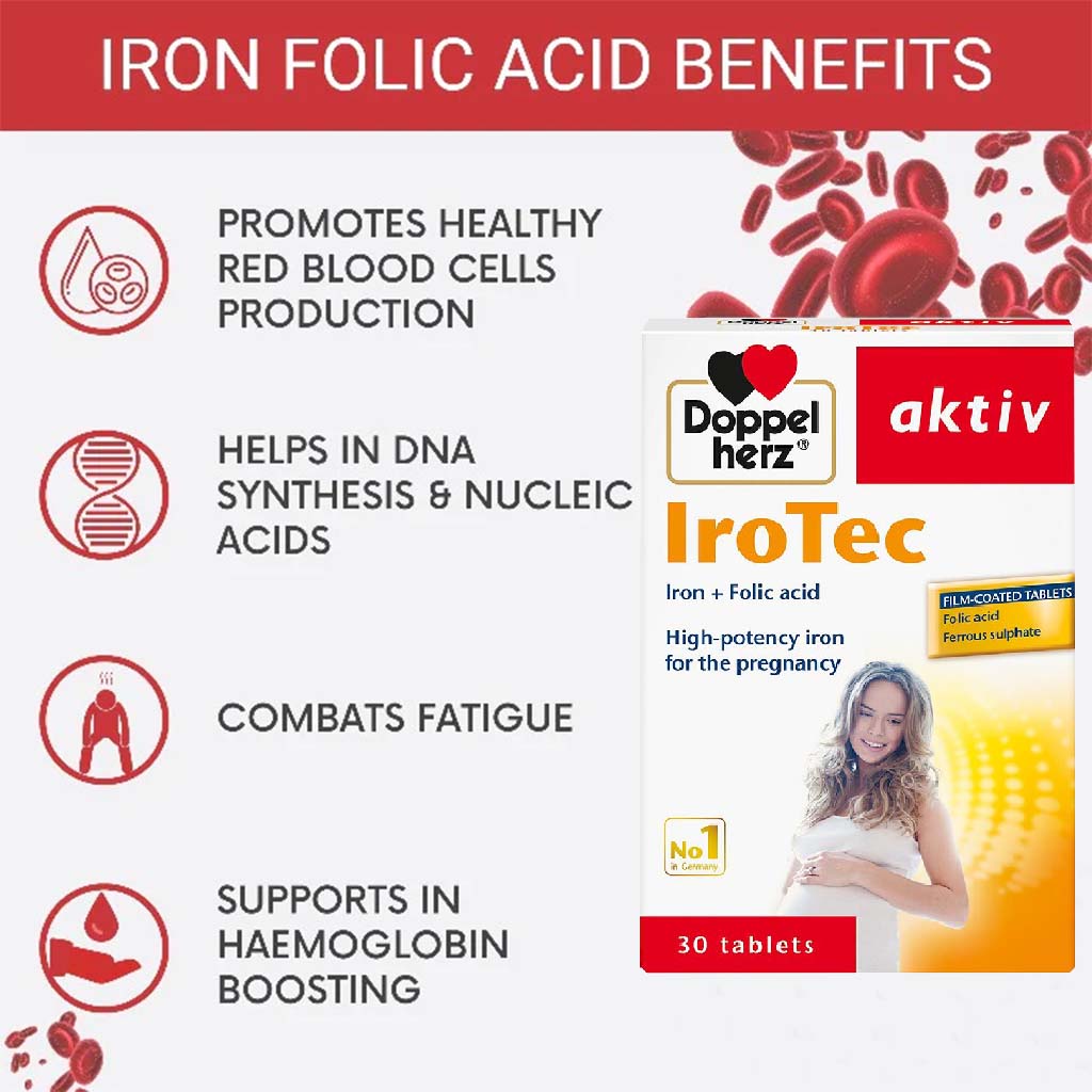 Doppelherz aktiv IroTec Iron + Folic Acid Tablets For Pregnancy Support, Pack of 30's - Easy Pharmacy LLC