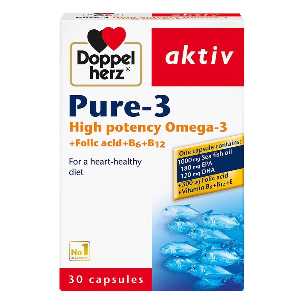 Doppelherz aktiv Pure-3 1000mg Omega 3, Folic Acid, Vitamin E, B6 & B12 Fish Oil Supplement Capsules, Pack of 30's - Easy Pharmacy LLC
