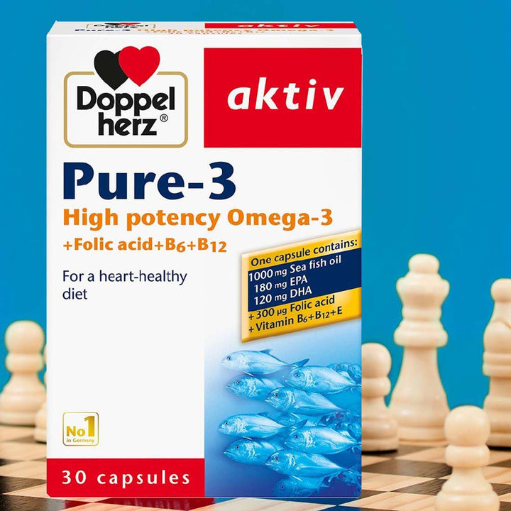 Doppelherz aktiv Pure-3 1000mg Omega 3, Folic Acid, Vitamin E, B6 & B12 Fish Oil Supplement Capsules, Pack of 30's - Easy Pharmacy LLC
