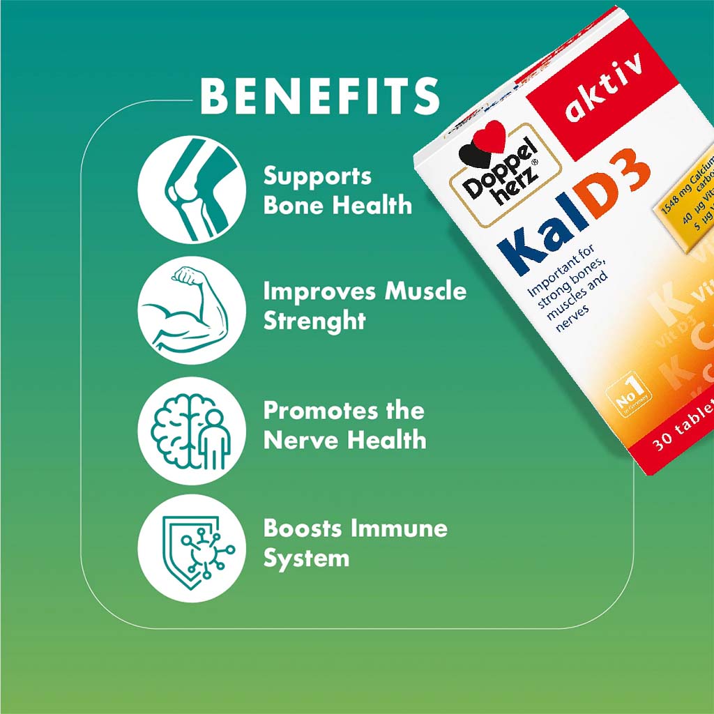 Doppelherz aktiv KalD3 Tablets With Calcium, Vitamin K & Vitamin D For Strong Bones, Muscles & Nerves, Pack of 30's - Easy Pharmacy LLC