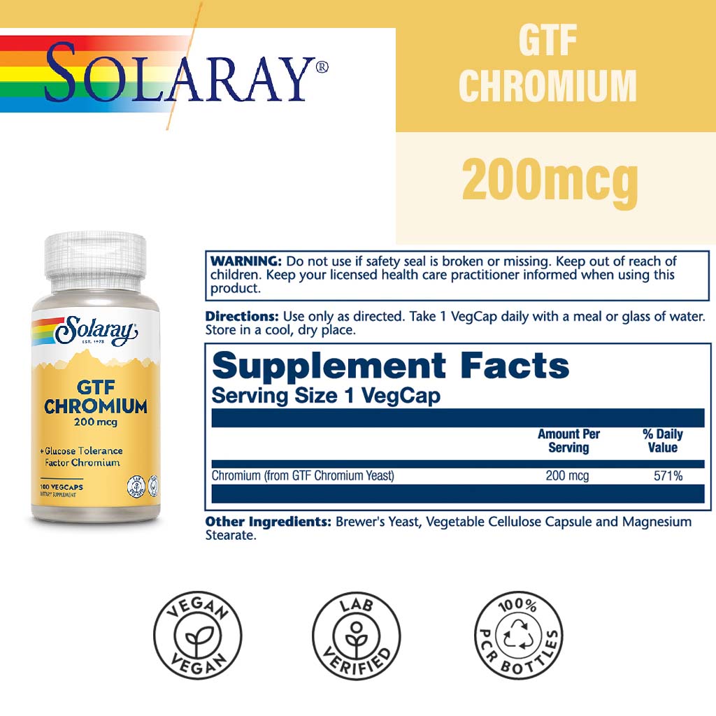 Solaray GTF Chromium 200 mcg Veg Capsules 100's - Easy Pharmacy LLC